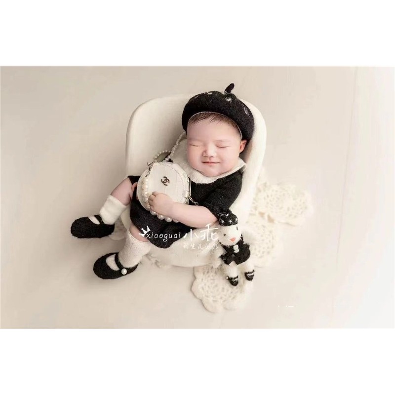Dvotinst Newborn Photography Props Girls Elegant Black Outfit Set Handbag Doll Posing Sofa Set Studi