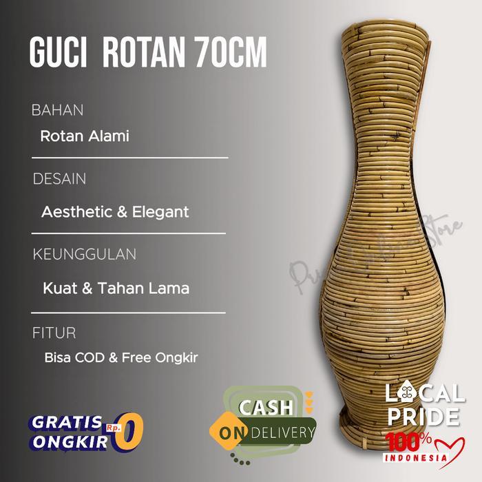 Aj' Vas Bunga Rotan Guci 70Cm Untuk Hiasan Ruang Tamu Modern Alami Natural - Keramik