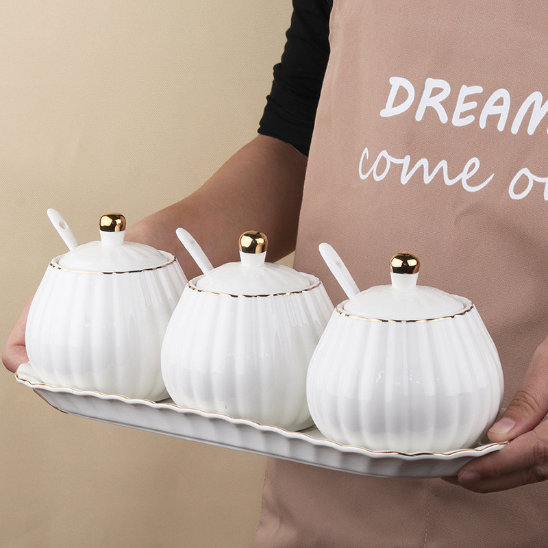 Ceramic Seasoning Jar Set Household Storage Seasoning Jar Salt Jar Kitchen Supplies Creative Seasoni