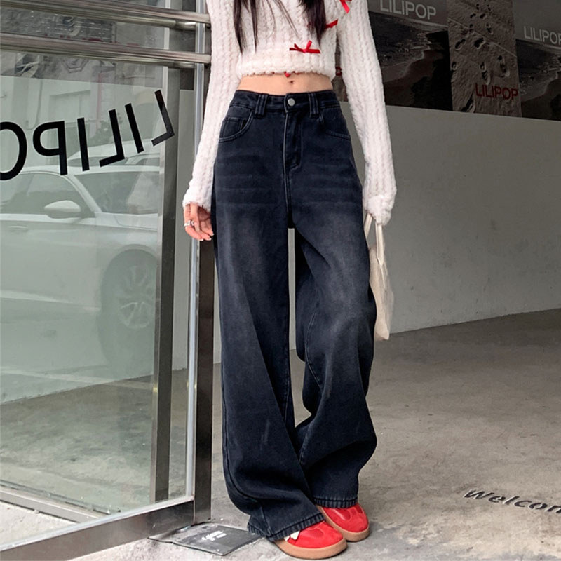 2025 Winter Women's Y2K Jeans American Black Wide Leg Denim Brushed Flannel Lined Draped Trousers