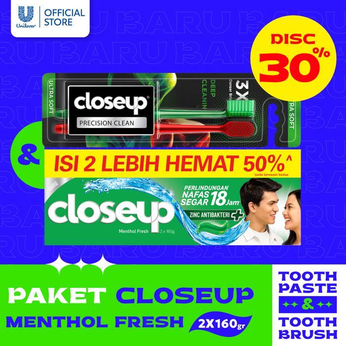 xlp5- [Paket Close Up Menthol Fresh] Close Up Mentol Fresh 2X160Gr + Close Up Sikat Gigi