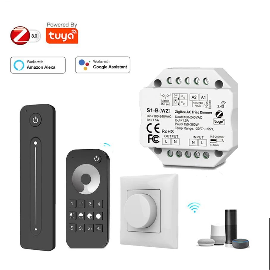 Tuya Zigbee 3.0 AC Triac Dimmer LED Dimmer Push Switch 2.4G Wireless Remote Control