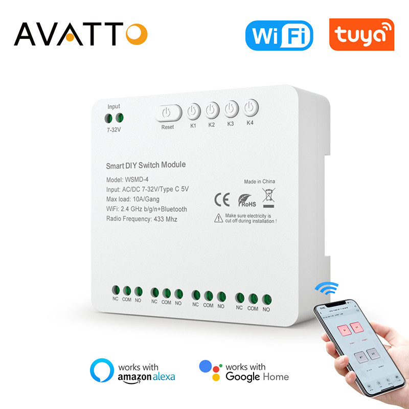 AVATTO tuya Smart WiFi Wireless APP Remote Control 4 Channel 250V Dry Contact Relay Switch