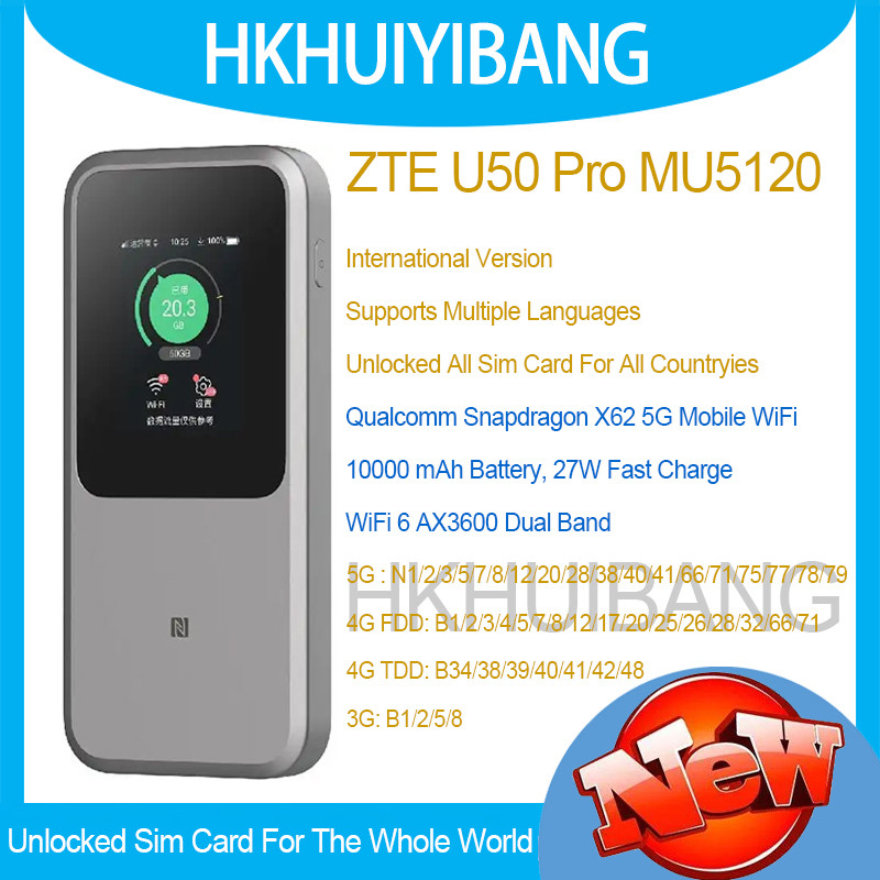 Zte 5G Pocket Wifi 6 Pro U50 Pro Mu5120 Dual Band 10000Mah 5G 4G Hotspot Sim Card Lte Cat22 Mobile