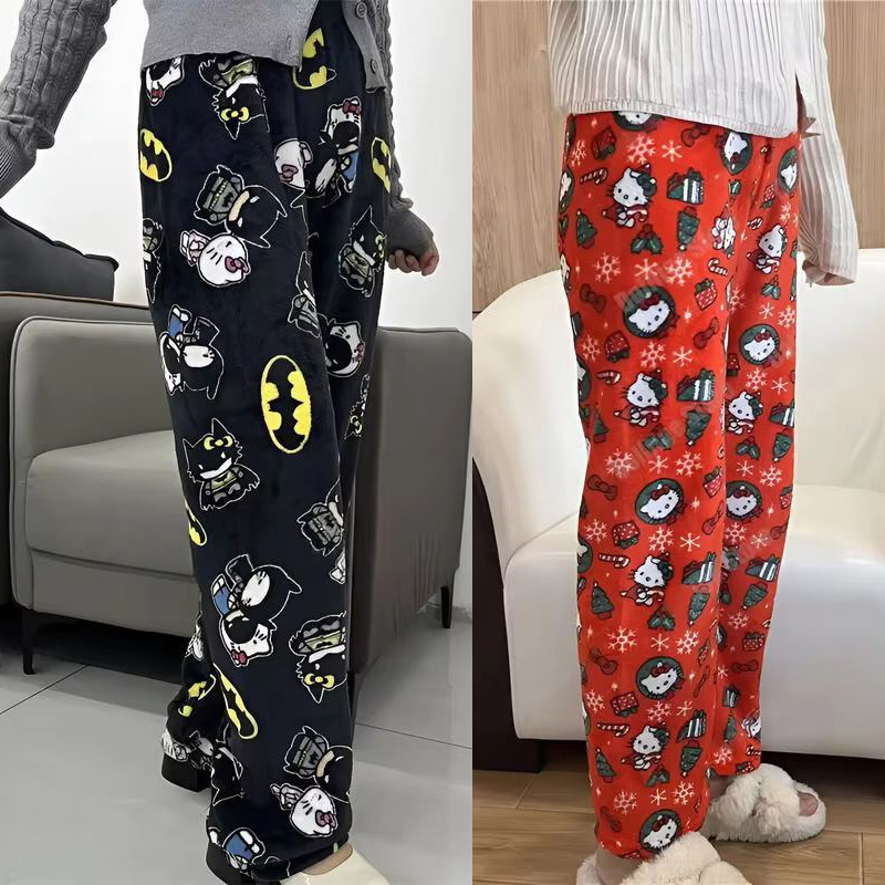 New Sanrio Y2K Autumn Hello Kitty Batman Pajama Pants Cartoon Hip Hop Ladies Warm Casual Flannel