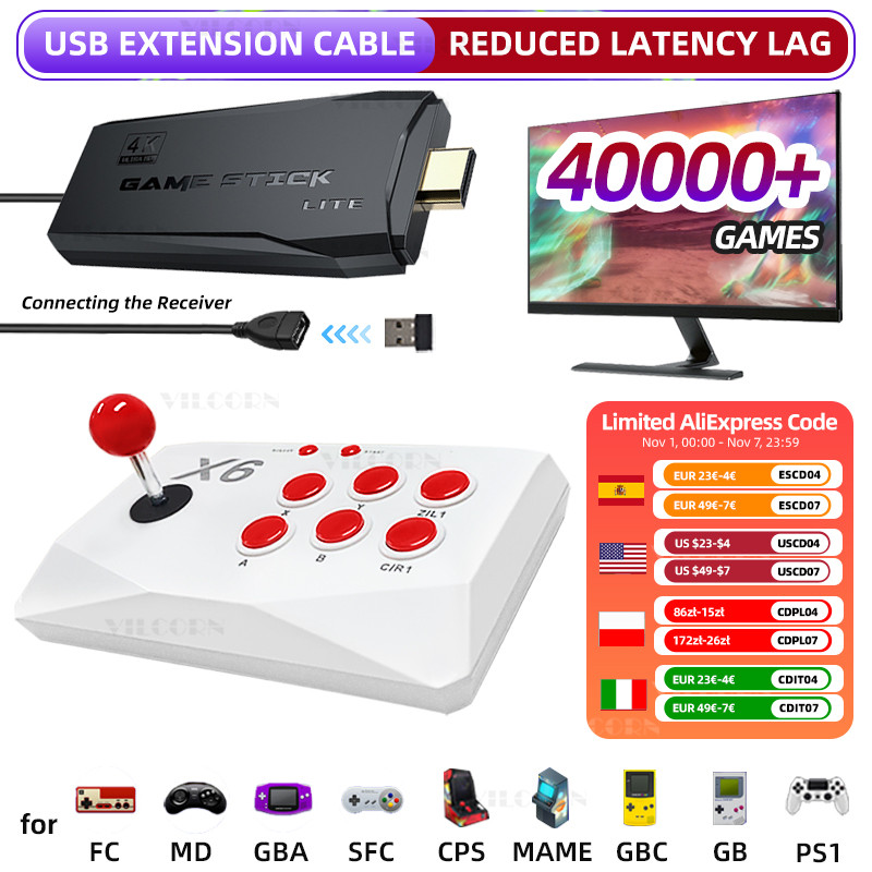 Vilcorn M8 Game Stick 4K Arcade Video Game Console For Mame Ps1 9 Emulator With Double Arcade
