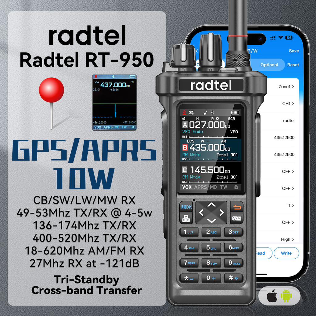 Radtel Rt-950 Gps Aprs Walkie Talkie Am/Fm/Mw/Lw/Sw Receiver With 10W Bluetooth App Programming Ham