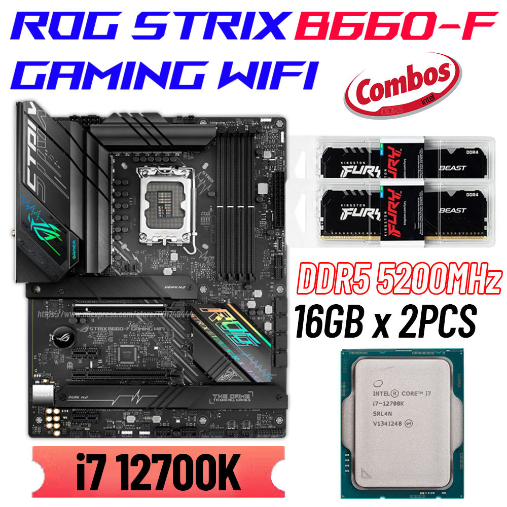 Asus Motherboard Combo Rog Strix B660-F Gaming Wifi Mainboard + Intel Core I7 12700K Cpu + Kingston