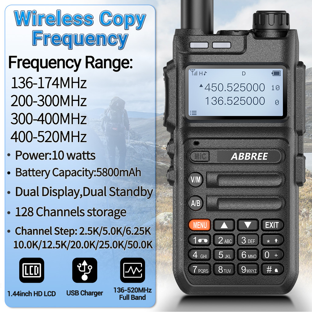 Abbree Ar-F5 136-520Mhz/Gmrs Walkie Talkie Long Range Vox Wireless Copy Frequency High Power Support