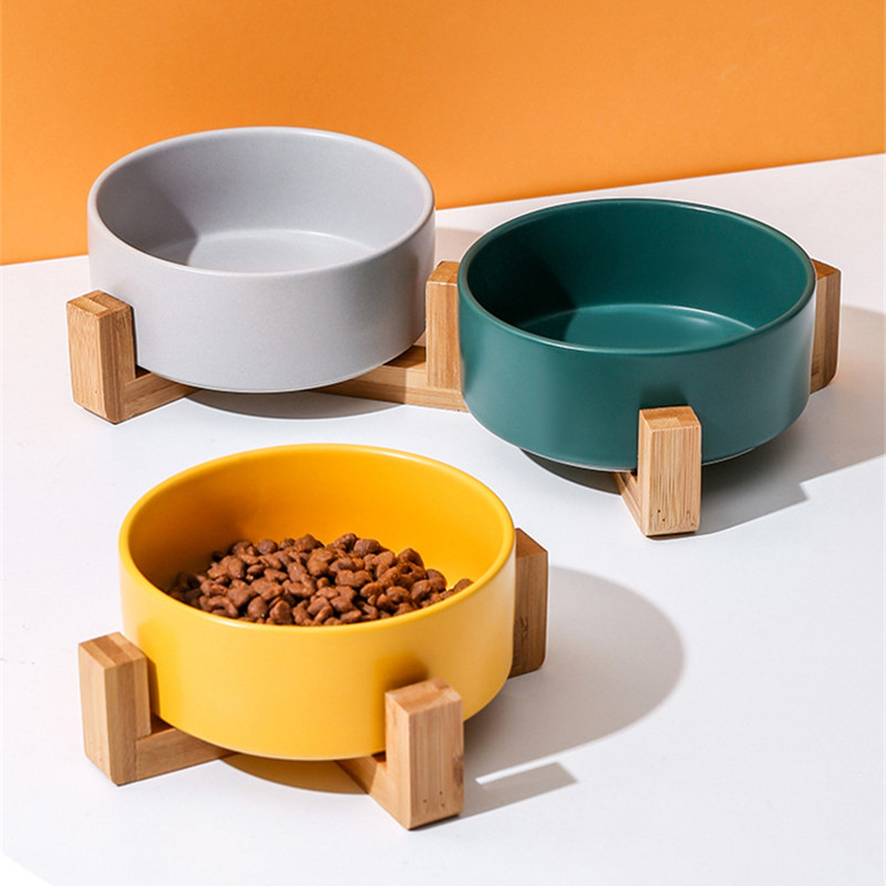 Ceramic Pet Feeding Bowl with Wooden Stand Single and Double Bowls Feeder for Dog Cat Cervical Spine