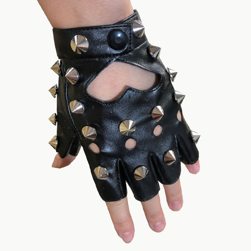Stage Performance Leather Women Man Half-Finger Rivet Gloves Nightclub Dance Fashion Personality