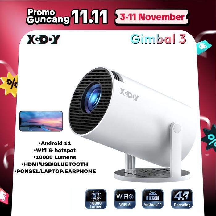 Terbaru - XGODY Gimbal 3 Smart Proyektor LCD - Android 11.0- HD 720P - Auto Keystone - HDMI