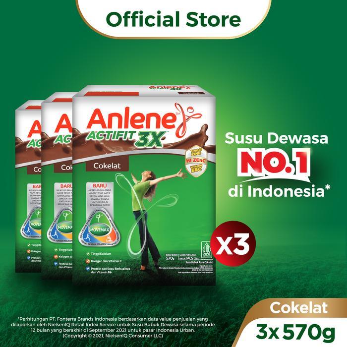 [PROMO 3 PCS] Anlene Actifit 3X Susu Bubuk Dewasa Cokelat 570g - Susu Dewasa Untuk Tulang, Sendi &