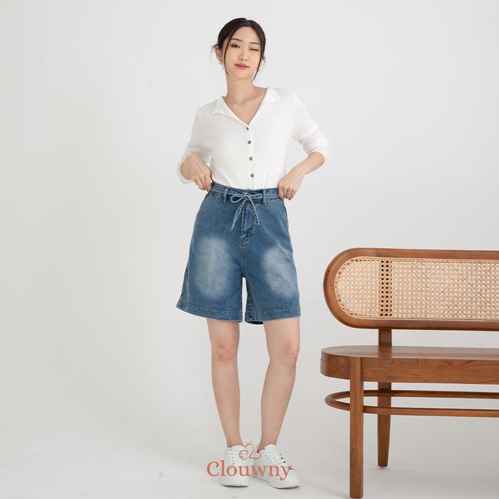 Clouwny Rexa Midi Shorts Celana Jeans Pendek Wanita Korean Look Hitam Cewek