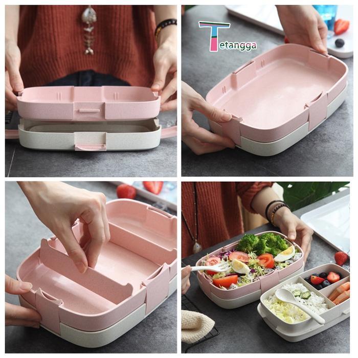 JERAMI GANDUM KOTAK MAKAN ANTI TUMPAH LUNCHBOX MICROWAVABLE ANTI TUMPAH SEKAT FREE SENDOK -BPA FREE