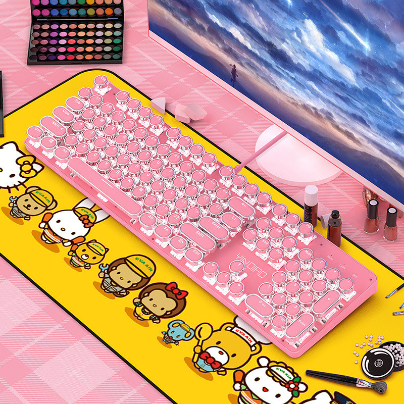 Mechanical Keyboard Green Axis Cute Girl girl Heart Powder Keyboard Round Button Punk Gaming Keyboar