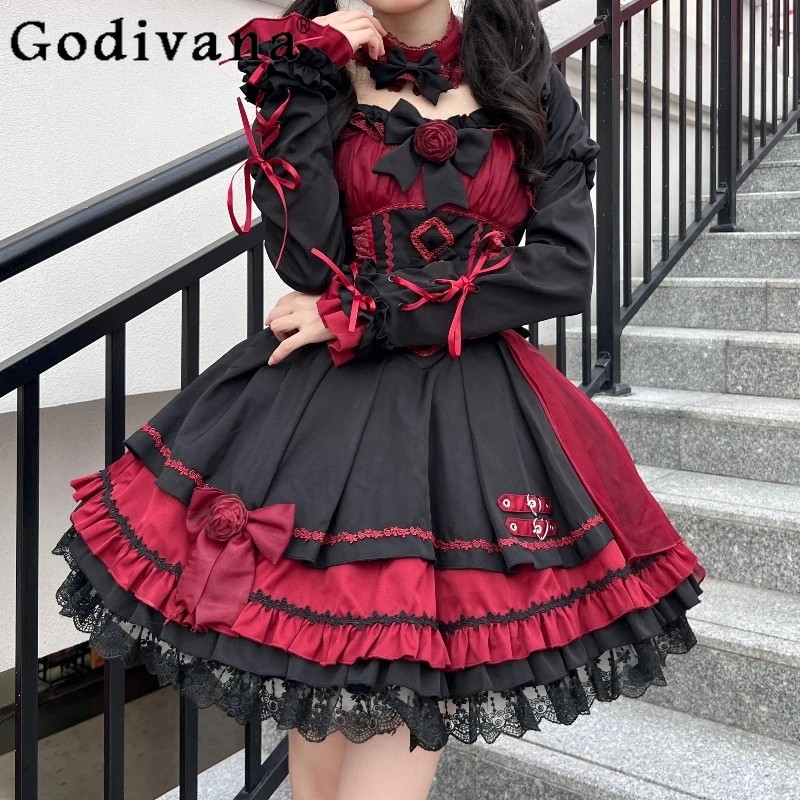 Black and Red Lolita Dress Women's Sweet Gothic High Waist Bow Lace Stitching Short Dress Set Lady