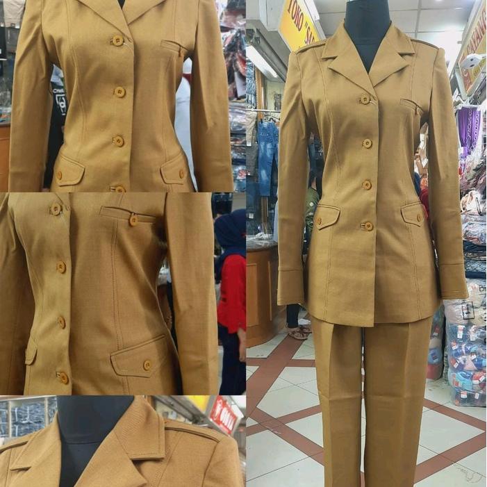 Set Blazer Baju Seragam Kerja ASN Pemda Khaki Kerah Rebah Jas Muslimah Cantik Murah
