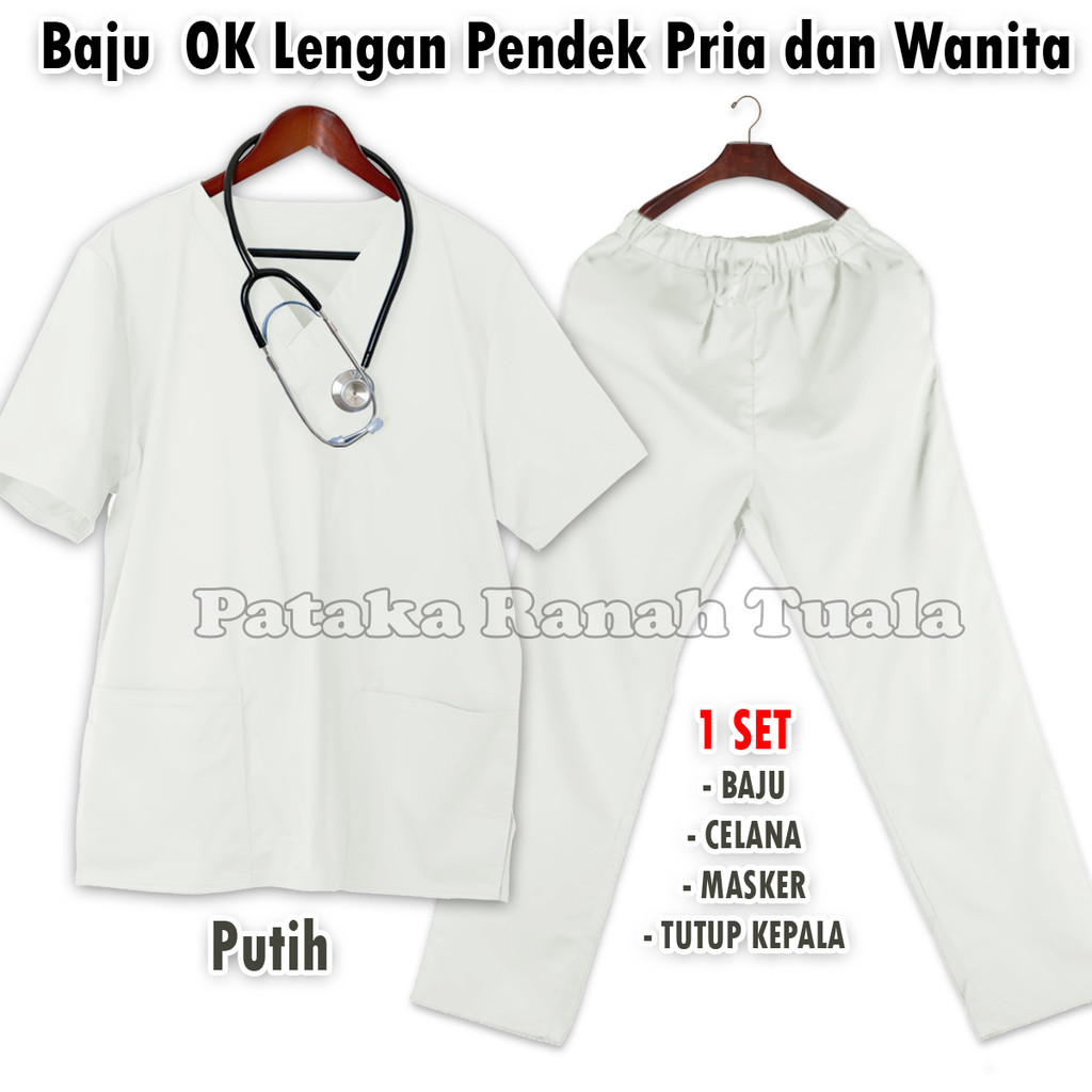 Baju Ok Perawat - Baju Oka Medis - Seragam Perawat warna Putih 1 Set - Baju Oka Lengan Pendek - Baha