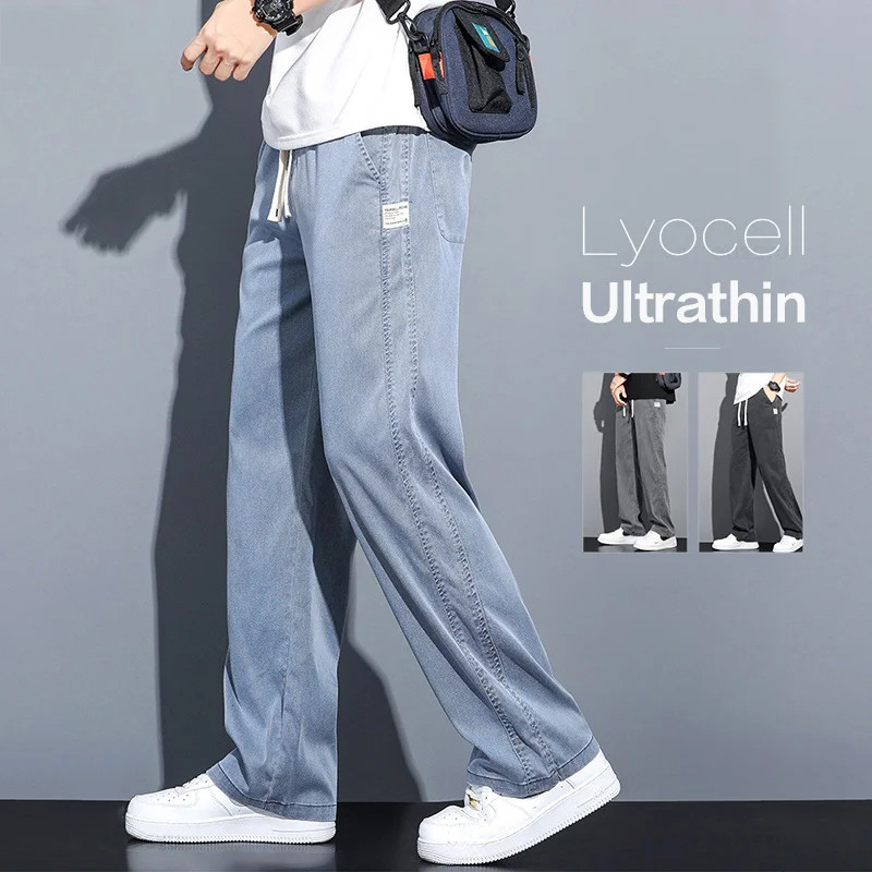 Men's Soft Lyocell Fabric Jeans, Thin Loose Straight Pants, Drawstring Elastic Waist, Korea Casual