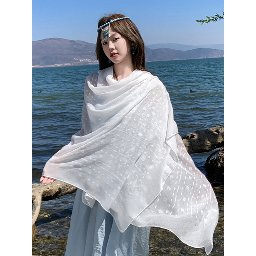 Elegant Women White Embroidery Flower Silk Scarf Headscarf Beach Wrap Shawl Sunscreen Bandana Hijab