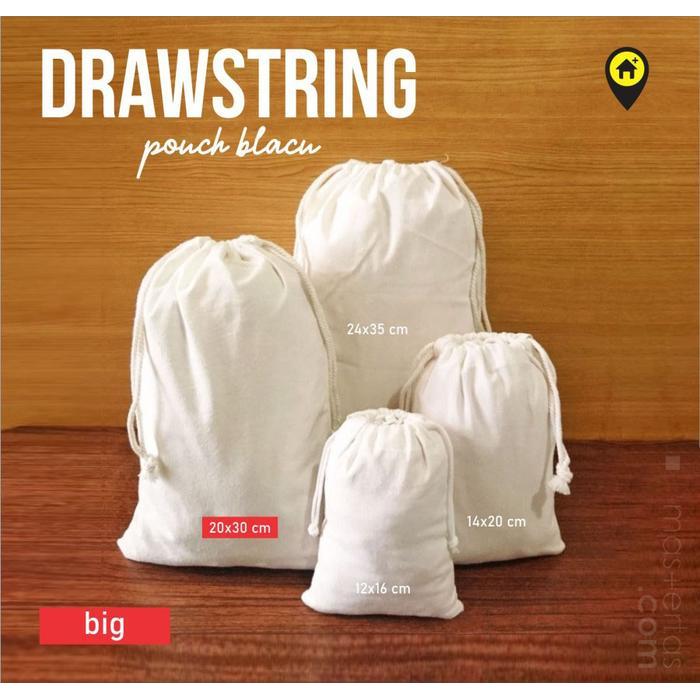 New pouch serut besar, tas serut besar, blacu, size 20x30, dengan Tali serut harga murah