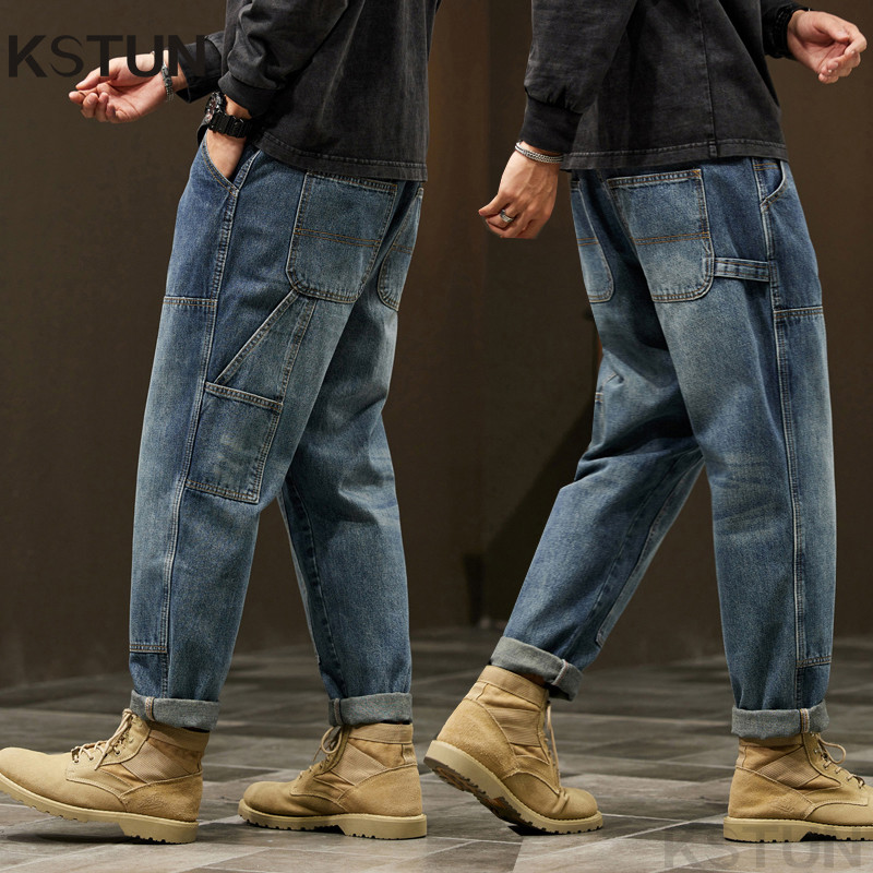 2024 Cargo Jeans Men Harem Pants Loose Baggy Pants Blue Patched Fashion Designer Pockets Trousers