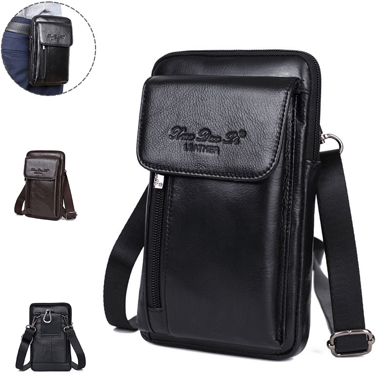 Men Small Messenger Shoulder Bag Genuine Leather Cell Mobile Phone Case Cross Body Fanny Waist Hook
