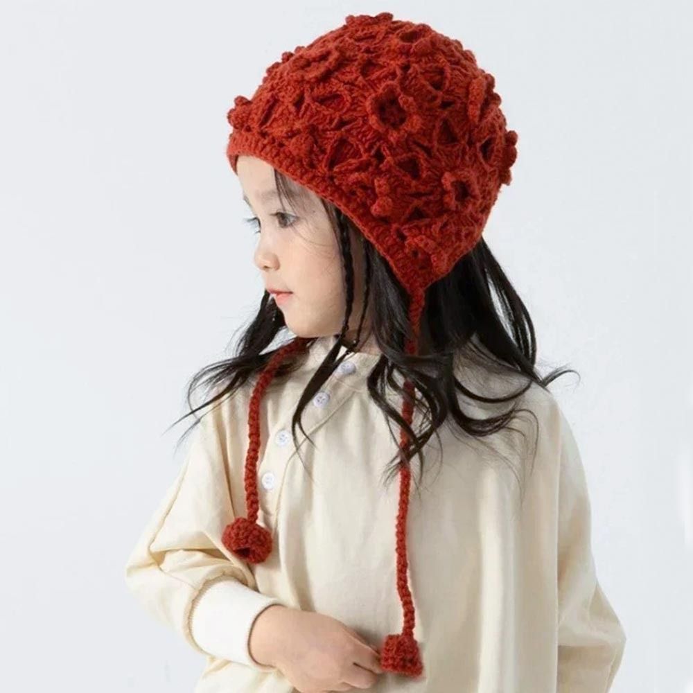 Hollow Flower Kids Knitted Hat Bohemian Style Solid Color Ear Protection Hat Hand Woven Palace Hat