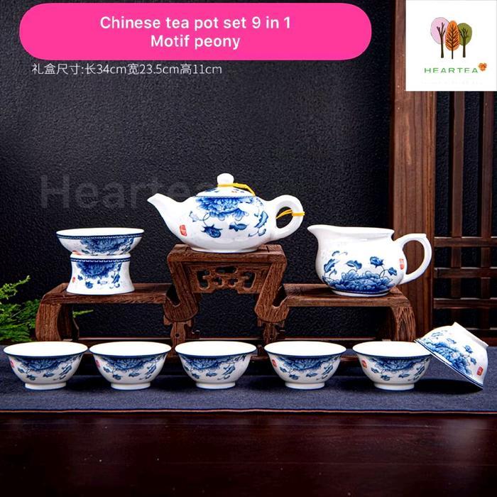 TEKO KERAMIK ANTIK CHINESE TEA POT SET MOTIF BUNGA PEONY (10 IN 1)