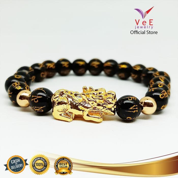 h2e3- Gelang Batu Giok Cina Mantra Asli Hitam 8Mm Pixiu - Vee Gelang Wanita