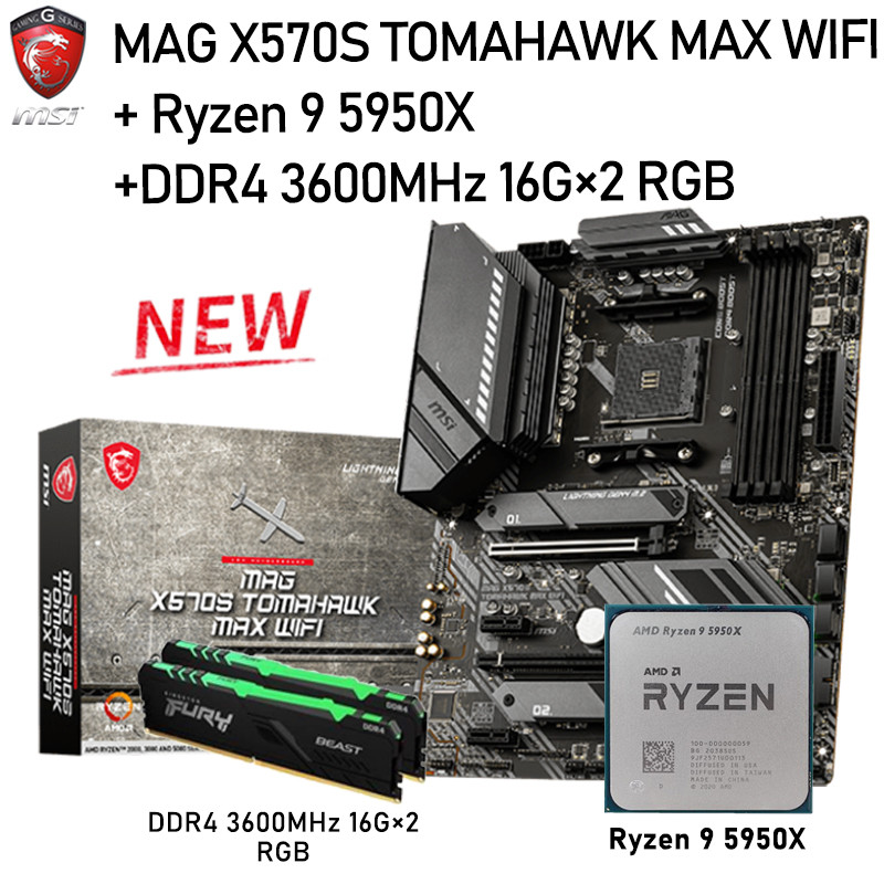 AMD MSI MAG X570S TOMAHAWK MAX WIFI Motherboard With Ryzen 9 5950X CPU Beast 3600 16G×2 RGB Combo Wi
