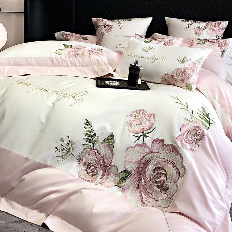High End Egyptian Cotton Bedding Sets Luxury White Flowers Embroidery Duvet Cover Fitted Bed Sheet M