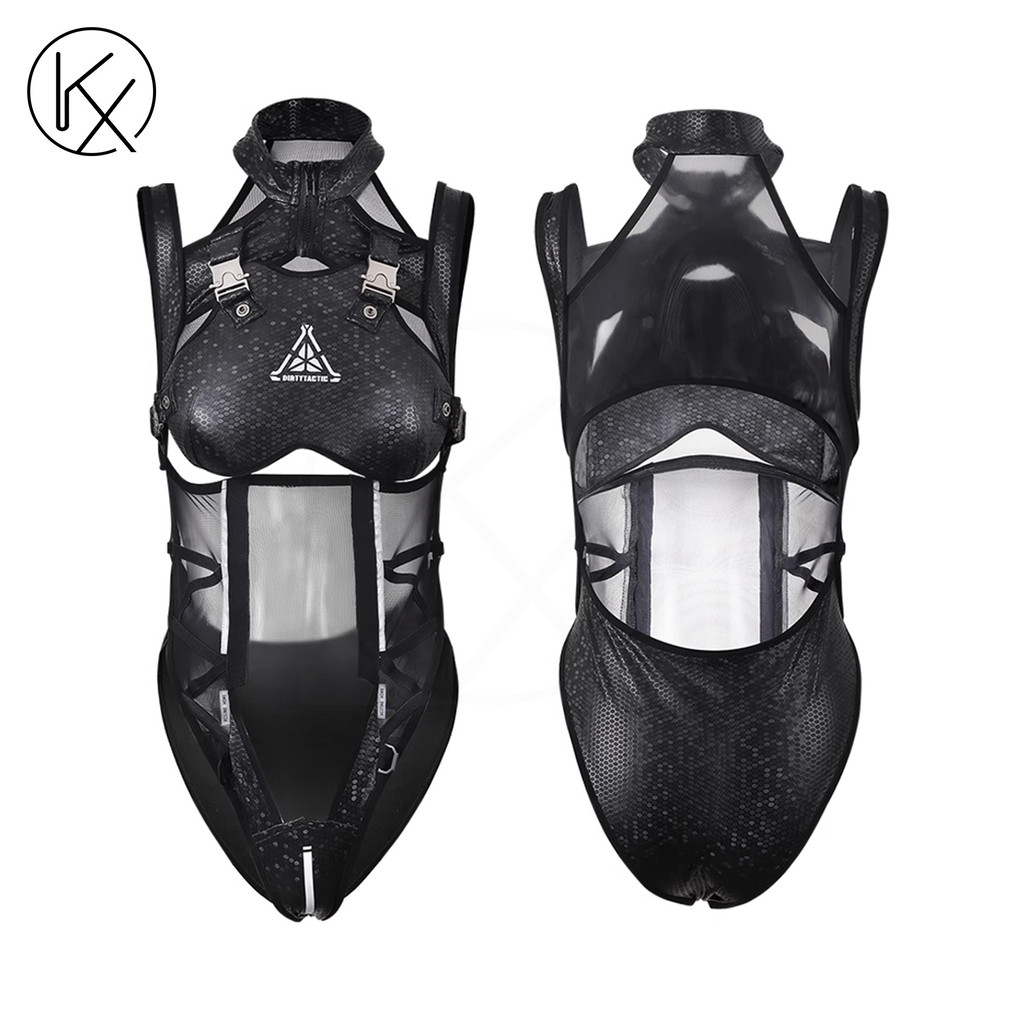 kaixiggmm TacticalOpen front mesh PU leather tight jumpsuit military cosplay sexy anime JK girl