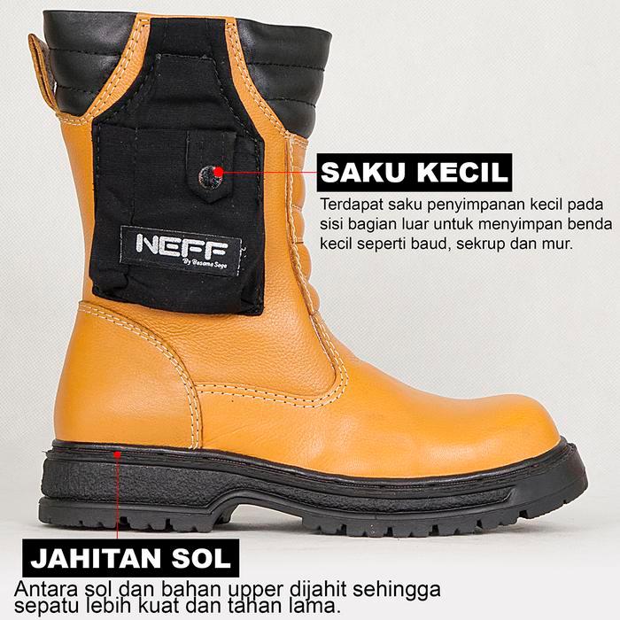Sepatu Boot Safety Pria / Sepatu Proyek Pria Kulit Sapi Resleting