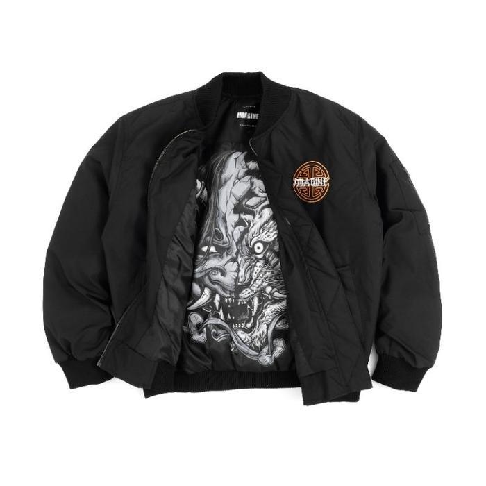 Imagineco Jacket Bomber Bordir Hitam Unisex Taslan Parasut Mayer Waterproof "Oni Tiger" Panjang