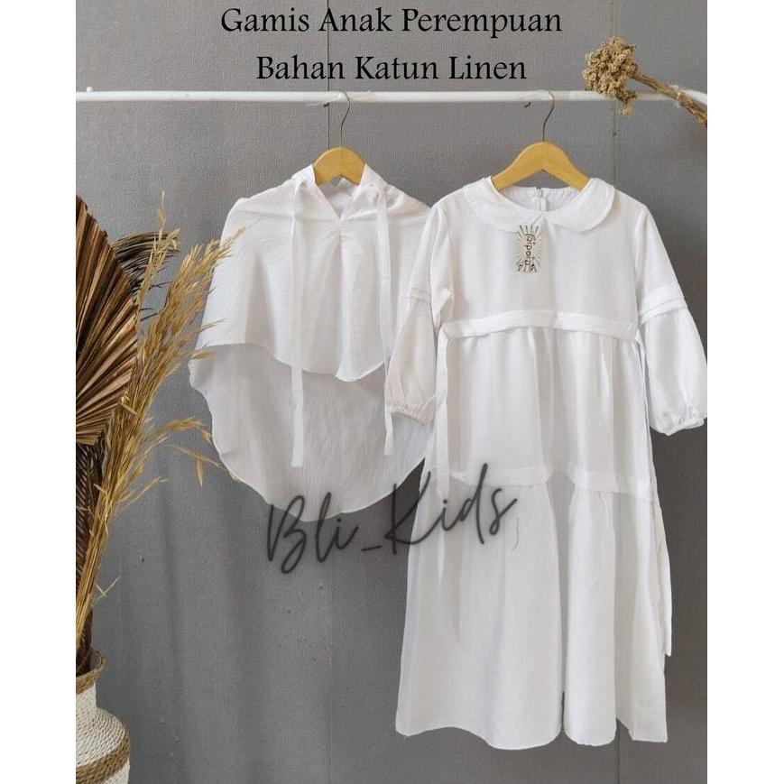 ec9o- Gamis Anak Perempuan Muslim Hitam Putih Free Kerudung Bahan Katun Linen Usia 3-12