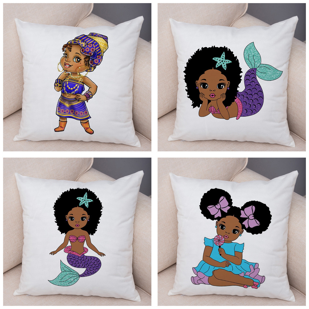 Lovely Cartoon Black Africa Girl Pillow Case Soft Plush Cushion Cover for Sofa Home Decor Cute Afric