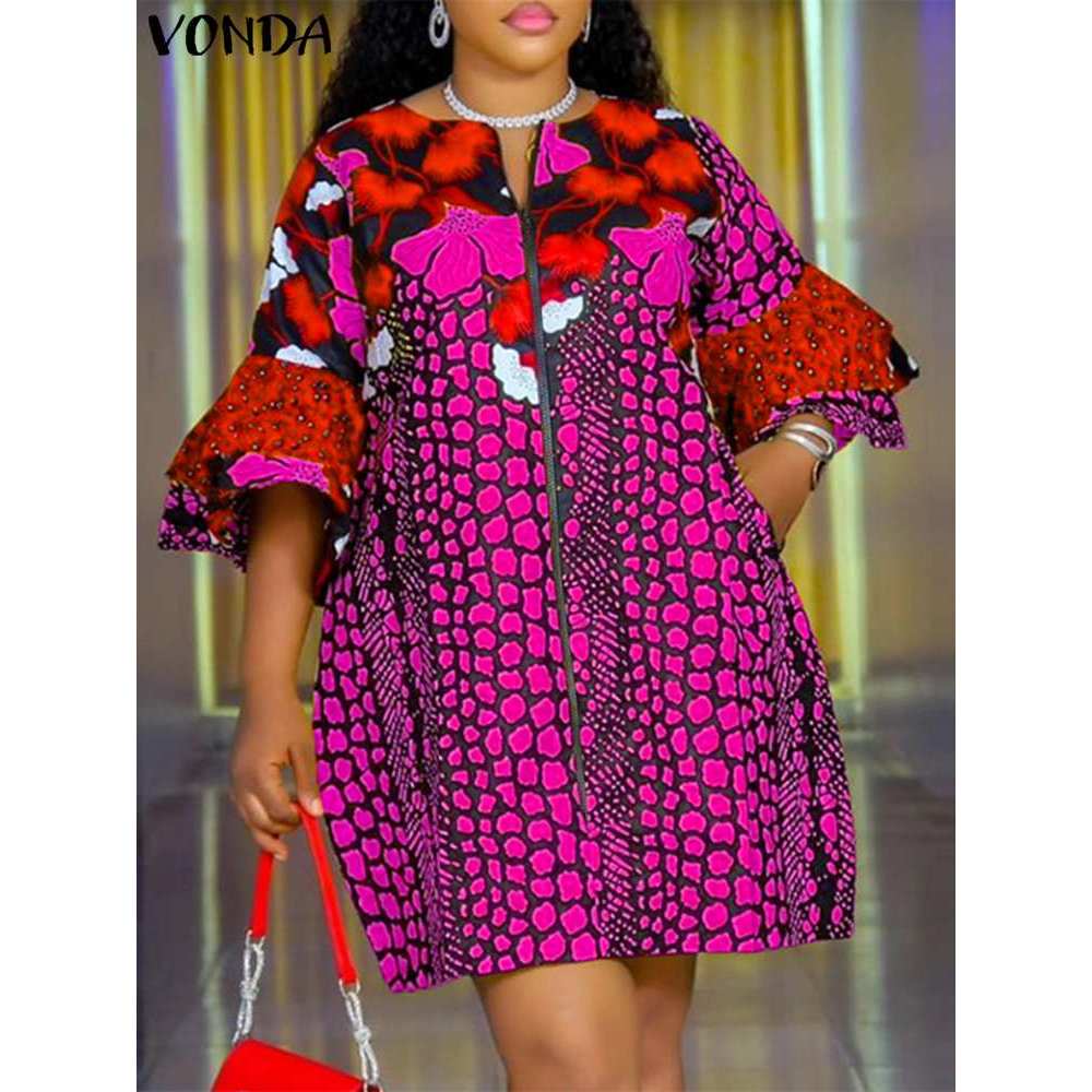 Plus Size 5XL VONDA Women Bohemian Printed Dress 2025 Summer Short Dress Flare Sleeve Party Sundress