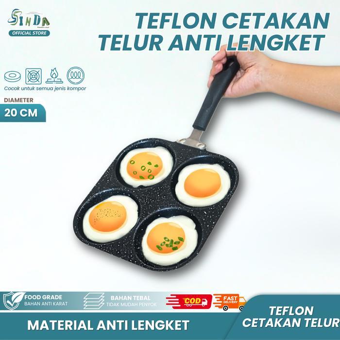 SINDA Cetakan Telur 4 Lubang Panci Teflon Datar Anti Lengket & Anti Karat, Wajan Serbaguna untuk