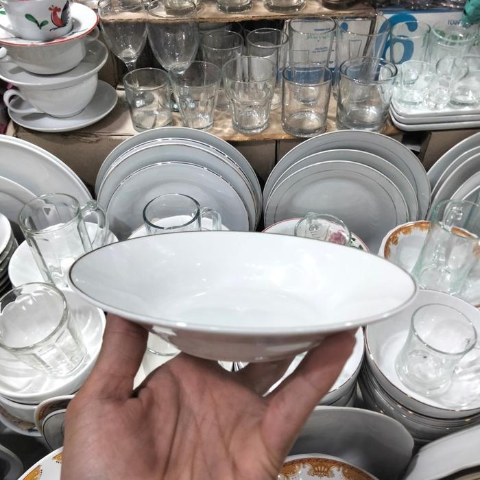 Piring Cekung Keramik Porselen Putih Lis Emas Tebal Murah Tahan Panas Pyramid 6" Pisin Piring Kecil 