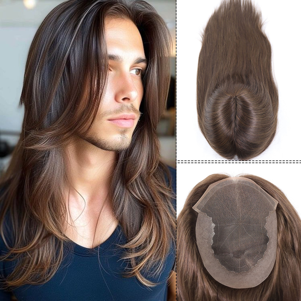 Chocolate Brown Human Hair Man Toupee Lace Pu Toupee For Men 18" Long Straight Human Hair Men Wigs