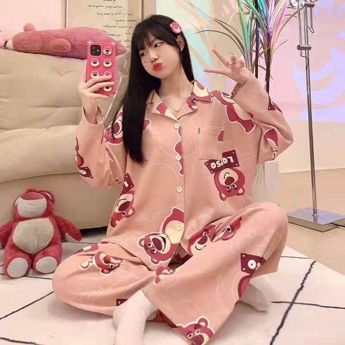 Santaibju- Ajw Piyama Full Kancing Lengan Panjang Piyama Kancing Kotak Kotak Baju Tidur Wanita