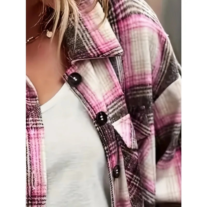 Plus Size 1XL-5XL Women Casual Plaid Coats Windbreaker Long Sleeve Button Shirt Jacket Fashion Print