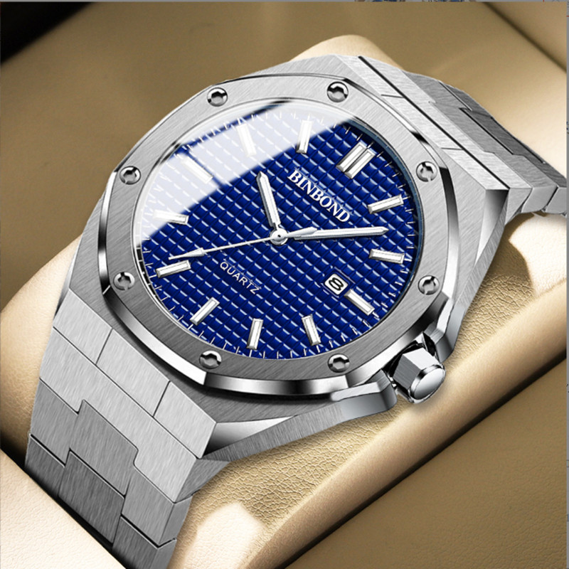 BINBOND B0233 Fashion Men's Watch Alloy Strap with Octagonal Screw Quartz Movement High end Quartz