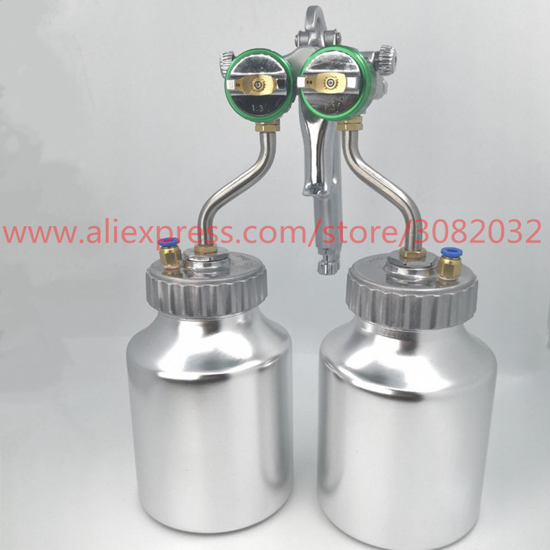 HVLP Double Nozzle Spray Gun,Pressure Feed Spray Gun, Nano Chrome Paint Sprayer , Dual Head