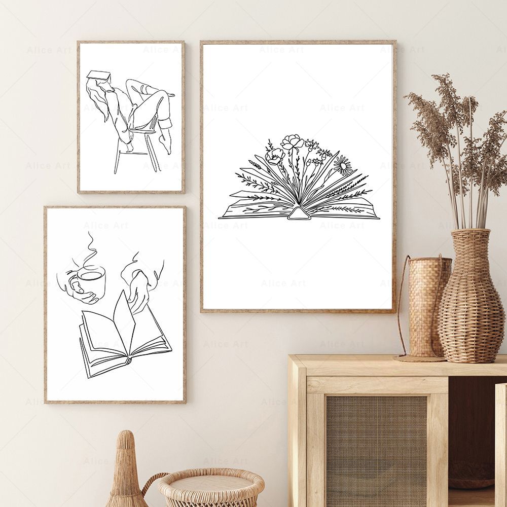 Bookish Print Minimalist Line Art Poster Book Floral Botanical Wall Art Canvas Painting Coffee Girls