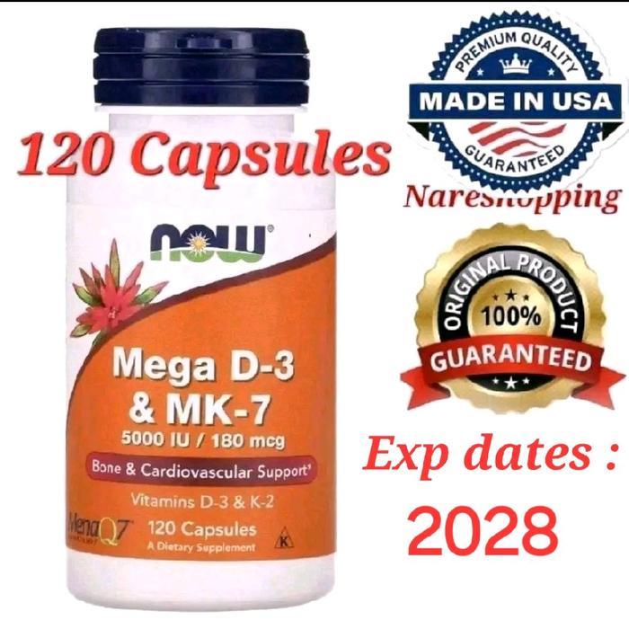 Now Foods Mega D-3 & MK-7 180 mcg (5000 IU) 120 Capsules Halal, Vitamin D3 K2. Exp dates : Jul 2028