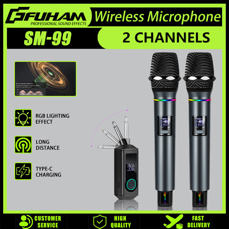 Fuham Wireless Microphone 2-Channel Rgb Light Effect Wireless Handheld Microphone Karaoke Microphone
