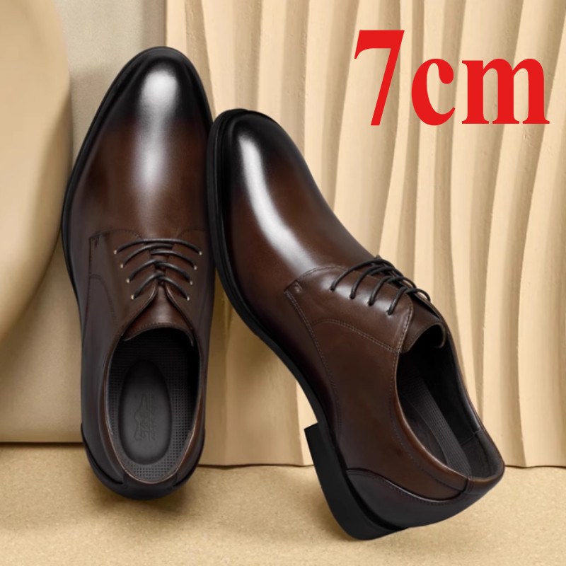 Brown Heightening Derby Shoes Men's Dress Shoes 7cm Genuine Leather Wedding Comfortable Invisible